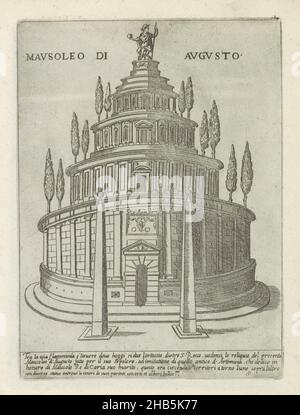 Mausoleum des Augustus in Rom, Mausoleo di Augusto (Titel auf Objekt), moderne und antike Denkmäler und Strukturen in Rom (Serientitel), Ornamenti di fabriche antigi et moderni dell' alma Citta di Roma (Serientitel), Text in italienischer Sprache unterhalb des Bildes. Der Druck ist Teil eines Albums., Druckerei: Giovanni Maggi, Zeichner: Giovanni Maggi, Druckerei: Rom, Zeichner: Rom, Verleger: Italien, Vaticaanstad, Italien, Rom, 1576 - 1618 und/oder 1600, Papier, Radierung, Höhe 216 mm × Breite 157 mm Stockfoto