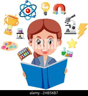 Junge Frau Lehrerin liest ein Buch Cartoon Figur Illustration Stock Vektor