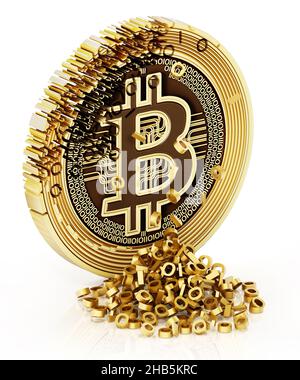 Generische Krypto-Münze mit 1 und 0 Löchern und Stapel von binärem Code auf dem Boden. 3D Abbildung. Stockfoto