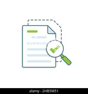 Lupe mit Dokumentsymbol in flacher Form. Vektorgrafik zur Genehmigung von Berichten auf isoliertem Hintergrund. Papierbogen unterzeichnen Geschäftskonzept. Stock Vektor