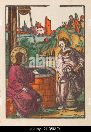 Christus und die samaritanische Frau, die kleine Passion (Serientitel), dumme Passion (Serientitel), Christus ruht am Jakobsbrunnen, nachdem er seine Jünger in die Stadt geschickt. Nach rechts gehen sie in Richtung Stadt. Eine samaritische Frau kommt, um Wasser zu schöpfen und spricht zu Christus. Print ist Teil eines Buches., Druckerei: Lucas van Leyden (Werkstatt von), Verlag: Doen Pietersz., Amsterdam, c. 1530, Papier, Höhe 112 mm × Breite 78 mmhöhe 159 mm × Breite 101 mm Stockfoto