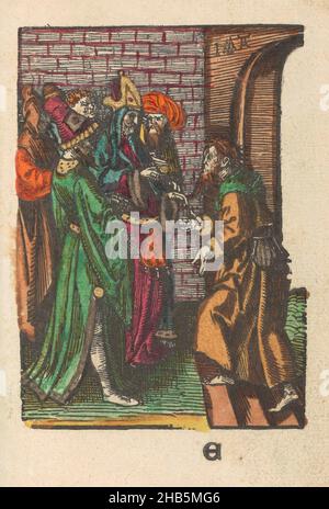 Verrat an Judas, die kleine Passion (Serientitel), Dumme Passion (Serientitel), Judas geht zu den Hohenpriestern, wo er Christus verrät. Unten markiert: E. Print ist Teil eines Buches., Druckerei: Jacob Cornelisz van Oostsanen (erwähnt auf Objekt), Verlag: Doen Pietersz., Amsterdam, 1520 - 1521 und/oder c. 1530, Papier, Höhe 112 mm × Breite 79 mmhöhe 159 mm × Breite 102 mm Stockfoto