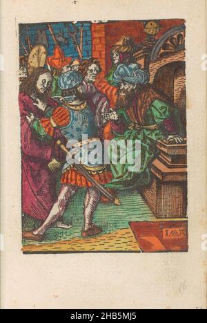 Christ before Pilatus, The Little Passion (Serientitel), Stupid Passion (Serientitel), Christus wird vor Pilatus gebracht, der einen Turban trägt und auf seinem Thron sitzt. Ein Soldat hält Christus fest. Print ist Teil eines Buches., Druckerei: Jacob Cornelisz van Oostsanen (erwähnt auf Objekt), Verlag: Doen Pietersz., Amsterdam, 1520 - 1521 und/oder c. 1530, Papier, Höhe 111 mm × Breite 80 mmhöhe 159 mm × Breite 101 mm Stockfoto