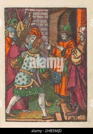 Christ before Annas, The Little Passion (Serientitel), Stupid Passion (Serientitel), Christus wird von bewaffneten Männern vor Annas geführt. Print ist Teil eines Buches., Druckerei: Jacob Cornelisz van Oostsanen (erwähnt auf Objekt), Verlag: Doen Pietersz., Amsterdam, 1520 - 1521 und/oder c. 1530, Papier, Höhe 111 mm × Breite 80 mmhöhe 159 mm × Breite 102 mm Stockfoto