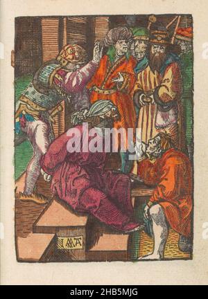 Spott, die kleine Leidenschaft (Serientitel), Dumme Leidenschaft (Serientitel), Christus sitzt mit verbundenen Augen und mit gefesselten Händen auf dem Boden. Ein Mann schlägt ihn, ein anderer spuckt ihm ins Gesicht. Print ist Teil eines Buches., Druckerei: Jacob Cornelisz van Oostsanen (erwähnt auf Objekt), Verlag: Doen Pietersz., Amsterdam, 1520 - 1521 und/oder c. 1530, Papier, Höhe 111 mm × Breite 80 mmhöhe 159 mm × Breite 102 mm Stockfoto