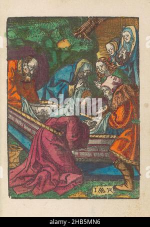 Entombment, The Little Passion (Serientitel), Stupid Passion (Serientitel), der verstorbene Christus wird in ein Grab gelegt. Print ist Teil eines Buches., Druckerei: Jacob Cornelisz van Oostsanen (erwähnt auf Objekt), Verlag: Doen Pietersz., Amsterdam, 1520 - 1521 und/oder c. 1530, Papier, Höhe 112 mm × Breite 81 mmhöhe 159 mm × Breite 101 mm Stockfoto