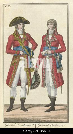 Le Mois, Journal historique, littéraire et critique, avec figures, no 13, 1800: Grand Costume du General, Grand Costume du Ministre, Ein General und ein Minister, nebeneinander stehend. Druck aus der Zeitschrift Le mois : Journal historique, littéraire et critique avec figures, 1800., Druckerei: Anonymous, Théâtre des Folies-Marigny, 1800, Papier, Ätzen Stockfoto