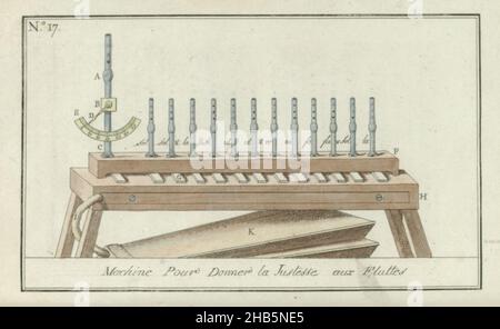 Le Mois, Journal historique, littéraire et critique, avec figures, no 17: Machine pour donner la Justesse aux Fluttes, Werkbank mit 13 Recordern. Druck aus der Zeitschrift Le mois : Journal historique, littéraire et critique avec figures, 1800., Druckerei: Anonymous, Théâtre des Folies-Marigny, 1800, Papier, Ätzen Stockfoto