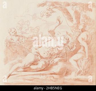 Narcissus und Echo, Narcissus liegt auf einer Bank und sieht seine Reflexion im Wasser. Im Hintergrund die Nymphe Echo und ein Passant. Blatt 38 recto aus einem Skizzenbuch mit 63 Blättern Stockfoto