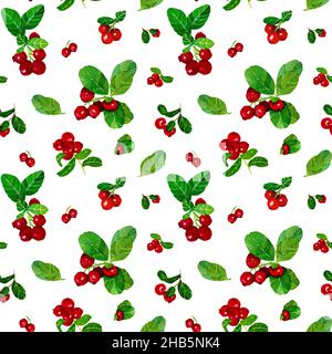 Aquarell Cranberry Nahtloses Muster auf weißem Hintergrund. Handgezeichnetes Gemälde von Preiselbeerzweigen mit Blättern. Illustration von Viburnum-Büschen. Stockfoto