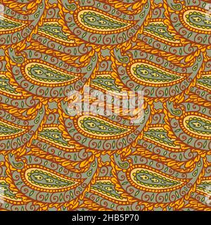 Doodle Nahtloses Paisley-Muster. Gelbe, braune, grüne Farbe. Doodle-Stil. Textildruck. Indisches Paisley-Muster mit nahtlosem Blumenmuster. Farbenfroher asiatischer Stil Stock Vektor