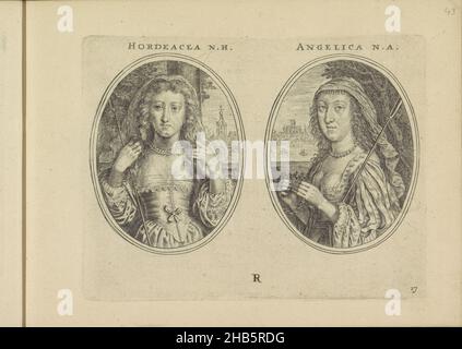 Porträts von zwei unbekannten Frauen, beide als Hirtinnen, Hordeacea N.H., Angelica N.A. (Titel auf Objekt), Les vrais pourtraits de quelques unes des plus grandes dames de la chrestiente desguenders en bergeres. (Serientitel), zwei Darstellungen auf einem Albumblatt. Porträts von zwei unbekannten Frauen, mit Hirtenstab, als Hordeacea N.H. und Angelica N.A. Im Hintergrund jeweils eine Kirche und eine Stadt am Wasser. Das Blatt mit den Nummern R und 17 unten ist Teil eines Albums., Druckerei: Crispijn van de Passe (II), Verlag: Crispijn van de Passe (II), Amsterdam, 1640, Papier, Gravur Stockfoto