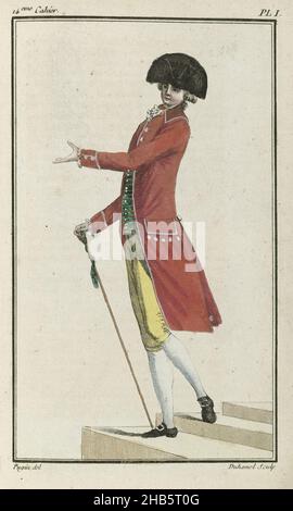 Cabinet des Modes ou les Modes Nouvelles, 1 Juin 1786, pl. Ich, junger Mann in einer „Gewohnheit“ aus scharlachem Tuch. Dem Begleittext zufolge ist das Fell mit weißer Seide gefüttert und hat große weiße Knöpfe aus Perlmutt. Die Enden der Ärmel sind 'à la Marinière' geöffnet und mit zwei identischen Knöpfen an der Seite geschlossen. Vier Knöpfe an den Taschen der Jacke. Kragen aus dem gleichen Stoff. Unter dem Mantel eine meergrüne Weste aus schwerer Seide ('Gros-de-Tour') mit goldenen Streifen; verziert mit kleinen weißen Knöpfen. „Culotte“- oder knielange Hose aus hellem zitronengelbem Kaschmir, mit einer Reihe Stockfoto