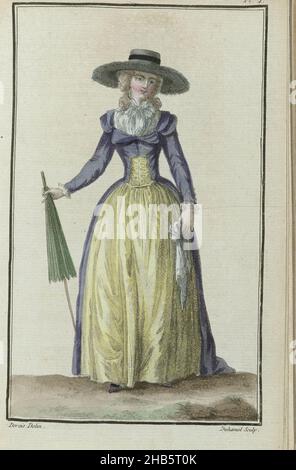 Cabinet des Modes ou les Modes Nouvelles, 1 Mars 1786, 8th Cahier, pl. Ich, Frau in redingote. Laut dem Begleittext ist die redingote aus Stoff von Louviers in der Farbe Violet de l'évèque (Farbe des Bischofs). An den Ärmeln kleine Manschetten aus Batist oder Musselin. Korsett und Rock aus indischem Taft in Zitronengelb. Fichu aus weißem Leinen, befestigt mit einem Band von 'nakara'. Auf dem Kopf ein englischer Hut ('Chapeau à l'Angloise' ) mit einem breiten Rand, mit Fell und einem Band aus schwarzem Samt mit Metallschnalle verziert. Frisur „à la Conseillère“. Schuhe in der gleichen Farbe wie die redingote Stockfoto