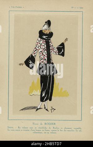 très Parisien, 1923, No 1: Tissus de RODIER..., 'charmantes Ensemble' aus schwarzem Samt mit voluminösem Rollkragen von Rodier. Druck aus dem Modemagazin Très Parisien (1920-1936)., Druckerei: Anonymous, Rodier, Paris, 1923, Papier, Buchdruck, Höhe 269 mm × Breite 180 mm Stockfoto