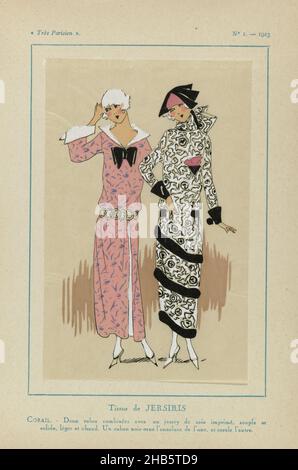 très Parisien, 1923, Nr. 1: Tissus de JERSIRIS..., zwei Trikotkleider. Druck aus dem Modemagazin Très Parisien (1920-1936)., Druckerei: Anonymous, Jersiris, Paris, 1923, Papier, Buchdruck, Höhe 269 mm × Breite 180 mm Stockfoto