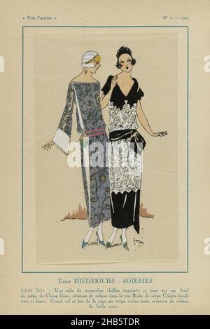 très Parisien, 1923, Nr. 1: Tissus DIÉDERICHS- SOIERIES..., links ein Musselin-Kleid, rechts ein Kreppkleid. Beide aus Stoffen von DIÉDERICHS-SOIERIES. Druck aus dem Modemagazin Très Parisien (1920-1936)., Druckerei: Anonymous, Diederichs-Soieries, Paris, 1923, Papier, Buchdruck, Höhe 270 mm × Breite 182 mm Stockfoto