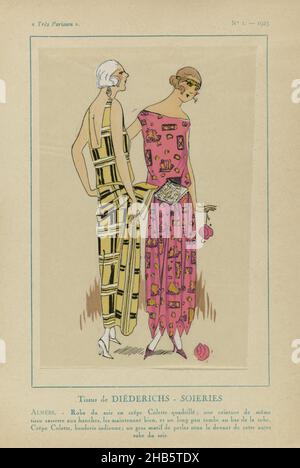 très Parisien 1923 No 1: Tissus de Diederichs - Soieries, zwei Abendkleider von Crepe Colette. Druck aus dem Modemagazin Très Parisien (1920-1936)., Druckerei: Anonymous, Diederichs-Soieries, Paris, 1923, Papier, Buchdruck, Höhe 269 mm × Breite 180 mm Stockfoto