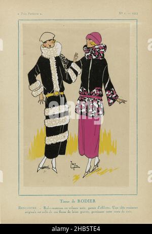 très Parisien, 1923, No 1: Tissus de RODIER..., Robe-manteau aus schwarzem Samt mit Fellkanten. Unterhemd aus Leder, garniert mit Blumen von 'laine grattée'. Druck aus dem Modemagazin Très Parisien (1920-1936)., Zeichner: G-P. Joumard (erwähnt auf Objekt), Rodier, Paris, 1923, Papier, Buchdruck, Höhe 269 mm × Breite 180 mm Stockfoto