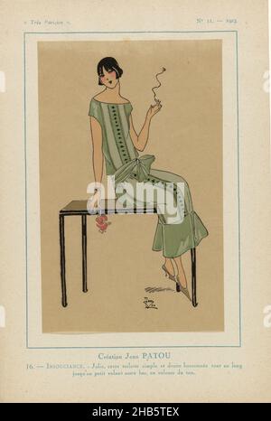 Très Parisien, 1923, Nr. 11: 16. - UNGEWISSENHEIT. - Jolie, Cette Toilette einfach..., Design von Jean Patou. Kleid mit Verschluss in der Mitte vorne (eine vertikale Reihe von Knöpfen;, an der Unterseite des Rockes eine Volant aus Samt in der gleichen Farbe. Druck aus dem Modemagazin Très Parisien (1920-1936)., Druckerei: Anonymous, Jean Patou (auf Objekt erwähnt), Paris, 1923, Papier, Buchdruck, Höhe 269 mm × Breite 180 mm Stockfoto