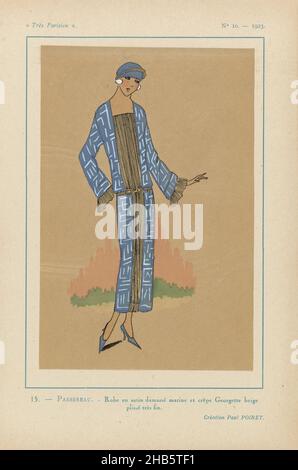 très Parisien, 1923, Nr. 10: 15.- PASSEREAU. - Robe en Satin damassé..., Kleid aus marineblauem 'Satin damassé' (Satin) und fein plissiertem Crepe Georgette in Beige. Design von Paul Poiret. Druck aus dem Modemagazin Très Parisien (1920-1936)., Druckerei: Anonymous, Paul Poiret (auf Objekt erwähnt), Paris, 1923, Papier, Buchdruck, Höhe 269 mm × Breite 180 mm Stockfoto