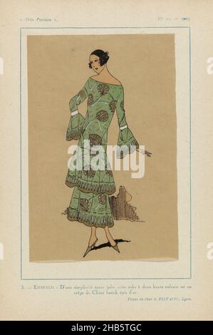 Très Parisien, 1923, Nr. 11: 3. - SMARAGD. - D'une simplicité toute jolie..., Kleid mit zwei breiten Volants von 'crêpe de Chine batick épis d'Or'. Stoffe von A. Piat. Druck aus dem Modemagazin Très Parisien (1920-1936)., Druckerei: Anonymous, A. et Cie Piat (auf Objekt erwähnt), Lyon, Paris, 1923, Papier, Buchdruck, Höhe 269 mm × Breite 180 mm Stockfoto