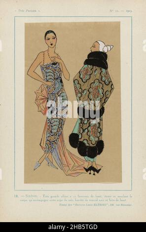 Très Parisien, 1923, Nr. 11: 18. - SIRENES. - Très grande Allure..., Fourreau (Abendkleid) aus Lamé. Abendumhang aus Lamé garniert mit schwarzem Fuchspelz. Stoffe von Dorures Louis Mathieu. Druck aus dem Modemagazin Très Parisien (1920-1936)., Druckerei: Anonymous, Dorure Louis Mathieu (auf Objekt erwähnt), Paris, 1923, Papier, Buchdruck, Höhe 269 mm × Breite 180 mm Stockfoto