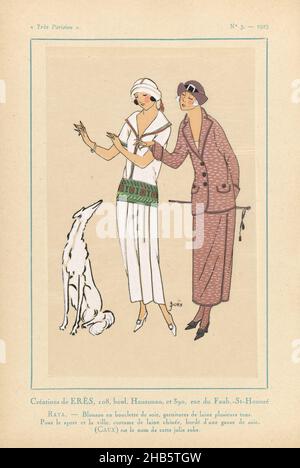 très Parisien, 1923, Nr. 3: Créations de ERÈS...RAYA..., Entwürfe von Erès. Jacke aus Bouclé-Seide mit Besatz aus Wolle in verschiedenen Schattierungen. Für den Sport und die Stadt, ein Kostüm (Mantel) von 'laine chinée' mit Seidenschnur verziert. Der Bildunterschrift zufolge ist (CAUX) der Name dieses schönen Kleides. Zubehör: hut mit Hutband und Schnalle (?), Spazierstock mit Quasten, Armband, Pumps. Druck aus dem Modemagazin Très Parisien (1920-1936)., J. Dory (auf Objekt erwähnt), Druckerei: Anonym, Paris, 1923, Papier, Buchdruck, Höhe 269 mm × Breite 180 mm Stockfoto