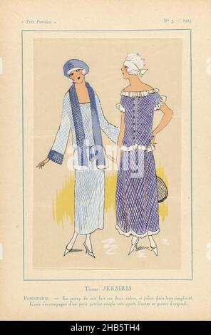 très Parisien, 1923, Nr. 3: Tissus JERSERIS...FREUNDSCHAFT..., Fabrics of Jersiris. Das Seidenjersey dieser beiden Kleider ist schön für seine Einfachheit. Ein Kleid wird mit einer kleinen, geschmeidigen Patelot kombiniert, das andere ist mit Organdi verziert. Druck aus dem Modemagazin Très Parisien (1920-1936)., Druckerei: Anonymous, Jersiris (auf Objekt erwähnt), Paris, 1923, Papier, Buchdruck, Höhe 269 mm × Breite 180 mm Stockfoto