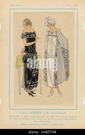 très Parisien, 1923, Nr. 3: Créations ROBERT...Diablesse, Entwürfe von Robert. Kleid aus schwarzem 'Crepe Georgette' bestickt mit Satin und Silber, ein Streifen Tüll rundet diese schöne 'Toilette' ab. Das andere Kleid ist rosa, der Umhang aus weißer Crépella mit Kaschmir bestickt. Zubehör: cloche (Topfhut), Pumpen. Druck aus dem Modemagazin Très Parisien (1920-1936)., J. Dory (auf Objekt erwähnt), Druckerei: Anonym, Paris, 1923, Papier, Buchdruck, Höhe 269 mm × Breite 180 mm Stockfoto