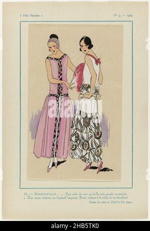 très Parisien, 1923, Nr. 5: 15.- ARMENONVILLE. - 1. Une Robe du soir..., 1. Ein Abendkleid aus geschmeidigem „Faille“ und Moiré (Seide?). 2. Eine weitere 'Toilette' aus bedrucktem Foulard. Kleine Bänder an Taille und Ausschnitt. Stoffe von A. Piat et Cie. Druck aus dem Modemagazin Très Parisien (1920-1936)., Druckerei: Anonymous, A. et Cie Piat (auf Objekt erwähnt), Lyon, Paris, 1923, Papier, Buchdruck, Höhe 269 mm × Breite 180 mm Stockfoto