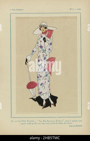 très Parisien, 1923, Nr. 7: 15.- LES PRÉS FLEURIS. - Les Prés fleuris sur Toilaine..., Kleid von Les Prés fleuris sur Toilaine; ein floral gemusterter Stoff, der mit Samtbändern verziert ist. Stoff von Rodier. Zubehör: hut mit breiter Krempe, verziert mit Blumen, Handschuhe, Spazierstock (Sonnenschirm), Pumps. Druck aus dem Modemagazin Très Parisien (1920-1936)., Druckerei: Anonymous, Rodier (auf Objekt erwähnt), Paris, 1923, Papier, Buchdruck, Höhe 269 mm × Breite 180 mm Stockfoto