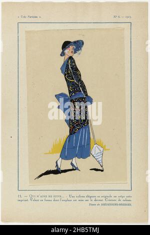 Très Parisien, 1923, Nr. 6: 15. - QUI M'AIME ME ME SUIVE... - Une Toilette élégante..., ein Ensemble aus bedrucktem Crepe-Satin. Volant, der vorne breiter ist. Band aus Bändern. Weiteres Zubehör: hut mit breitem Baldachin, Gehstock (Sonnenschirm?), Pumps. Stoffe von Diéderichs-Soieries. Druck aus dem Modemagazin Très Parisien (1920-1936)., Druckerei: Anonymous, Diederichs-Soieries (auf Objekt erwähnt), Paris, 1923, Papier, Buchdruck, Höhe 269 mm × Breite 180 mm Stockfoto