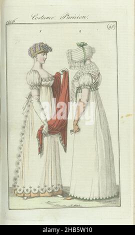 Journal des Dames et des Modes, Ausgabe Frankfurt 3 novembre 1806, Costume Parisien (45), nach dem Begleittext (S.157-158) : Abb. 1: Hut aus geflochtenem Stroh und Bänder aus Taft. Goldene Ohrringe. Schürze aus Musselin mit besticktem Rand auf einem Unterrock aus gelber Seide. Kurze Puffärmel. Seidenschal. Weiße Handschuhe. Weiße Schuhe. Abb. 2: Percale Hut mit grünem Band unter dem Kinn. Kleid aus weißem Musselin. Kurze Puffärmel. Bestickter Fichu. Gürtel aus geflochtener Seidenschnur. Gelbe Handschuhe (Gämsen). Gelbe Schuhe. Der Print ist Teil des Modemagazins Journal des Dames et des Stockfoto