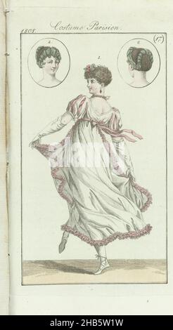 Journal des Dames et des Modes, Ausgabe Frankfurt 25 avril 1808, Costume Parisien (17), Dancing Woman. Oben im Kreis: Damenfrisur vorne und hinten. Gemäß dem Begleittext (S. 102): Abb. 1: Coeffure à la Titus, mit Rosen geschmückt. Ohrringe und Halskette garnis de Grains. Tablier Robe garniert mit einem Streifen rosa Krepp. Weiße Handschuhe. Weiße Schuhe. Abb. 2: Les deux diadèmes. Der Druck ist Teil des Modemagazins Journal des Dames et des Modes, das in Frankfurt als Kopie der französischen Ausgabe von Pierre de la Mésangère (1798-1848) veröffentlicht wurde Stockfoto