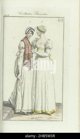 Journal des Dames et des Modes, Frankfurter Ausgabe 2 Oktober 1808, Costume Parisien (40), der Begleittext (S. 17 und 18) Zustände: Abb. 1: Strohhut, garniert mit ausgefallenen Blumen.Percale-Geigenkleid. Kleiner Schal aus Kaschmir. Weiße Handschuhe. Fliederschuhe. Abb. 2: Strohhut mit Bändern, verziert mit einem Rand von Magriten. Percale-Kleid. Band und Trimmen des gelben Bandes. Weiße Handschuhe. Gelbe Schuhe. Der Druck ist Teil des Modemagazins Journal des Dames et des Modes, das in Frankfurt als Kopie der französischen Ausgabe von Pierre de la Mésangère (1798-1848) veröffentlicht wurde Stockfoto