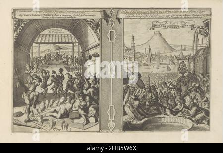Headman Smith at the Virginians; Royal Feast at Pegu, Virginian Ceremonies, Ceremonies de Virginie, King's Feasts to Pegu (Titel auf Objekt), Les Indes Orientales et Occidentales et autres lieux (Serientitel), Darstellung in zwei Teilen. Links der englische Häuptling Smith mit den Virginians. Smith liegt gebunden auf einer Matte auf dem Boden. Ein Mann beugt sich über ihn. Andere Personen tanzen im Kreis um ihn herum. Im Hintergrund der König. Rechts ein Fest im Haus des Königs von Pegu. Der König und die Königin sprühen sich gegenseitig mit Wasser. Rechts ein Elefant mit einem Wagen. Mit Stockfoto