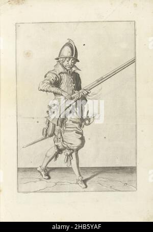 Soldat schließt die Pfanne seines Steuerruders (Nr. 17), c. 1600, Ein Soldat, in voller Länge, rechts, schließt die Pfanne (das Pulverreservoir) seines Steuerruders (eine bestimmte Art von Schusswaffe) mit seiner rechten Hand (Nr. 1) 17), c. 1600. In seiner linken Hand neben dem Steuerruder eine brennende Sicherung. Tafel 17 in der Anleitung zum Umgang mit dem Helm: Kurze enseignement, sur la representation des figures, du droit maniement de l'Harquebuse. Teil der Illustrationen in einer französischen Ausgabe von J. de Gheyns Wapenhandelhe: J. de Gheyn, Maniement d'armes, d'arquebusses, mousquetz et piques : en conformité de l'ordre de Mour le Stockfoto