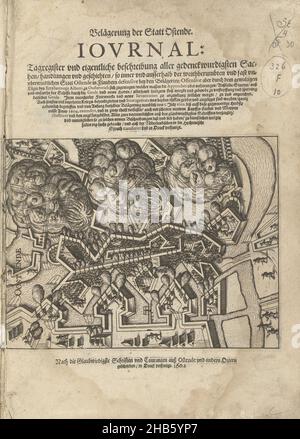 Belagerung von Ostende: Titelbild mit Kämpfen und Explosionen unter den Hochburgen, 1604, Titelbild mit Kämpfen und drei großen Explosionen unter den Hochburgen wegen Untergrabung, 1604. Über dem Druck der Titel des Buches, unter dem Aufdruck, in deutscher Sprache. Teil der Illustrationen zu einer Zeitschrift der Belagerung von Ostend 1601-1604., Druckerei: Anonym, Druckerei: Baptista van Doetechum (möglicherweise), Niederländer, 1601 - 1604, Papier, Radierung, Buchdruck, Höhe 172 mm × Breite 225 mmhöhe 350 mm × Breite 240 mm Stockfoto