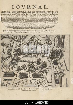 Belagerungszug von Ostende: Titelblatt mit den Schnitten und dem Neuen Troja, 1604, Titelblatt für den zweiten Teil des Journals mit den drei Schnitten und dem Neuen Troja, 1604. Über dem Druck der Titel, unter dem Aufdruck, in deutscher Sprache. Teil der Illustrationen zu einer Zeitschrift der Belagerung von Ostend 1601-1604., Druckerei: Anonym, Druckerei: Baptista van Doetechum (möglicherweise), Niederländer, 1604, Papier, Radierung, Buchdruck, Höhe 175 mm × Breite 235 mmhöhe 350 mm × Breite 240 mm Stockfoto