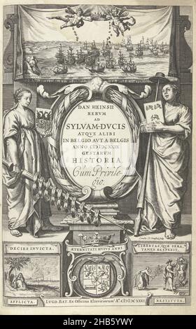 Titelseite von Daniel Heinsius, Rerum ad Sylvam-Ducis atque alibi in Belgio aut a Belgio anno 1629 starum historia, 1631, Rerum ad Sylvam-Ducis atque alibi in Belgio aut a Belgio anno 1629 starum historia (Titel auf Objekt), allegorische Titelseite von Daniel Heinsius, Rerum ad Sylvam-Ducis atque alibi in Belgio aut a Belgio anno 1629 starum historia, der Bericht über die Belagerung und Gefangennahme von Den Bosch durch den Staatlichen Leger unter Frederik Hendrik zwischen dem 1. Mai und dem 17. September 1629. Zwei stehende Personifikationen, links die Stadtmaid von Den Bosch, rechts die Stadtmaid von Wesel mit Stockfoto