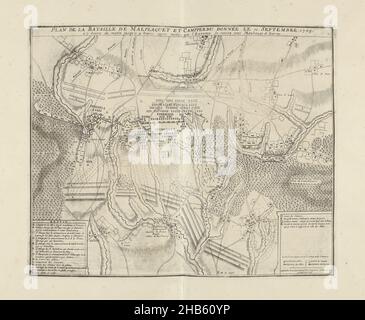 Schlacht von Malplaquet, 1709, Plan de la Bataille de Malplaquet et Campperdu donnée le 11 Septembre 1709 (Titel auf Objekt), Schlacht von Malplaquet, zwischen den Alliierten unter Herzog von Marlborough und Prinz von Savoyen und den Franzosen, 11. September 1709. Unten links Legende A-N auf Französisch. Teil einer gebündelten Sammlung von Plänen von Schlachten und Städten, die im Spanischen Erbfolgekrieg bekannt waren., Druckerei: Jacobus Harrewijn (zugeschrieben), Brüchman (auf Objekt erwähnt), Brüssel, 1709, Papier, Radierung, Höhe 387 mm × Breite 480 mm Stockfoto