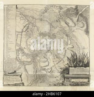 Belagerungs-Plan von Mons, 1709, Plan du Belagerungs-Plan von Mons (Titel auf Objekt), Karte der Belagerungs- und Gefangennahme von Mons (Mons) durch die Alliierten, 25. September - 22. Oktober 1709. Unten rechts eine Kartusche mit dem Titel, verziert mit Waffen, Spruchbändern und einigen Leichen besiegter feindlicher Soldaten. Links die Erklärung 1-58 und A-I auf Französisch. Teil einer gebündelten Sammlung von Plänen von Schlachten und Städten, die im Spanischen Erbfolgekrieg bekannt waren., Druckerei: Jacobus Harrewijn (erwähnt auf Objekt), Verlag: Eugene Henry Fricx (erwähnt auf Objekt), Brüssel, 1710, Papier, Radierung, Gravur, Höhe 540 mm × Breite Stockfoto