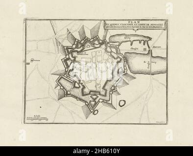 Karte von le Quesnoy, 1712, Plan du Quenoy ville forte au comté de Henault (Titel auf Objekt), Karte von le Quesnoy, 1712 von den Alliierten belagert. Teil einer gebündelten Sammlung von Plänen von Schlachten und Städten, die im spanischen Erbfolgekrieg gefeiert wurden., Druckerei: Pieter Devel (auf Objekt erwähnt), Verlag: Eugene Henry Fricx (auf Objekt erwähnt), Brüssel, 1712, Papier, Radierung, Höhe 183 mm × Breite 248 mm Stockfoto