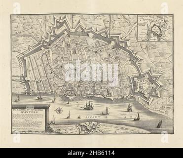 Karte von Antwerpen, 1711, Plan de la ville et citadelle d'Anvers (Titel auf Objekt), Karte von Antwerpen, 1711. Oben rechts ein Einsatz mit einer Karte der größeren Fläche. Teil einer gebündelten Sammlung von Plänen von Schlachten und Städten, die im spanischen Erbfolgekrieg berühmt waren., Druckerei: Jacobus Harrewijn (erwähnt auf Objekt), Verlag: Eugene Henry Fricx (erwähnt auf Objekt), Brüssel, 1711, Papier, Radierung, Höhe 394 mm × Breite 535 mm Stockfoto