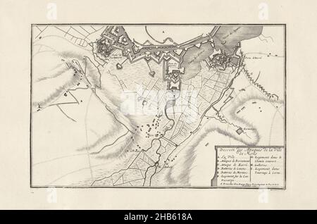 Belagerung von Mons, 1709, Dessein des Attaques de la Ville de Mons (Titel auf Objekt), Karte der Belagerung und Eroberung von Mons (Mons) durch die Alliierten, 25. September - 22. Oktober 1709. Unten rechts eine Kartusche mit dem Titel und der Legende A-i auf Französisch. Teil einer gebündelten Sammlung von Plänen von Schlachten und Städten, die im Spanischen Erbfolgekrieg bekannt waren., Druckerei: Jacobus Harrewijn (erwähnt auf Objekt), Verlag: Eugene Henry Fricx (erwähnt auf Objekt), Brüssel, 1709, Papier, Radierung, Höhe 200 mm × Breite 306 mm Stockfoto