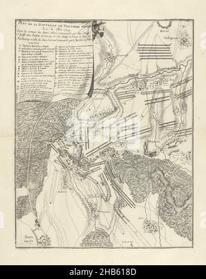 Schlacht von Malplaquet, 1709, Plan de la Bataille de Taisniere donnée le 11me de 7bre 1709 (Titel auf Objekt), Schlacht von Malplaquet, zwischen den Alliierten unter Herzog von Marlborough und Prinz von Savoyen und den Franzosen, 11. September 1709. Oben links Vorhänge mit Titel und Legende A-e in französischer Sprache. Teil einer gebündelten Sammlung von Plänen von Schlachten und Städten, die im Spanischen Erbfolgekrieg bekannt waren., Druckerei: Jacobus Harrewijn (erwähnt auf Objekt), Verlag: Eugene Henry Fricx (erwähnt auf Objekt), Brüssel, 1709, Papier, Radierung, Gravur, Höhe 465 mm × Breite 370 mm Stockfoto