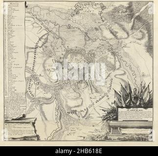 Belagerungs-Plan von Mons, 1709, Plan du Belagerungs-Plan von Mons (Titel auf Objekt), Karte der Belagerungs- und Gefangennahme von Mons (Mons) durch die Alliierten, 25. September - 22. Oktober 1709. Unten rechts eine Kartusche mit dem Titel, verziert mit Waffen, Spruchbändern und einigen Leichen besiegter feindlicher Soldaten. Links die Erklärung 1-58 und A-I auf Französisch. Teil einer gebündelten Sammlung von Plänen von Schlachten und Städten, die im Spanischen Erbfolgekrieg bekannt waren., Druckerei: Jacobus Harrewijn (erwähnt auf Objekt), Verlag: Eugene Henry Fricx (erwähnt auf Objekt), Brüssel, 1710, Papier, Radierung, Gravur, Höhe 540 mm × Breite Stockfoto