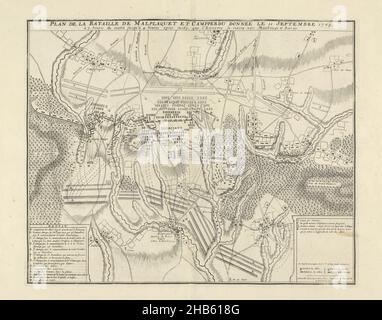 Schlacht von Malplaquet, 1709, Plan de la Bataille de Malplaquet et Campperdu donnée le 11 Septembre 1709 (Titel auf Objekt), Schlacht von Malplaquet, zwischen den Alliierten unter Herzog von Marlborough und Prinz von Savoyen und den Franzosen, 11. September 1709. Unten links Legende A-N auf Französisch. Teil einer gebündelten Sammlung von Plänen von Schlachten und Städten, die im Spanischen Erbfolgekrieg bekannt waren., Druckerei: Jacobus Harrewijn (zugeschrieben), Brüchman (auf Objekt erwähnt), Brüssel, 1709, Papier, Radierung, Höhe 387 mm × Breite 480 mm Stockfoto