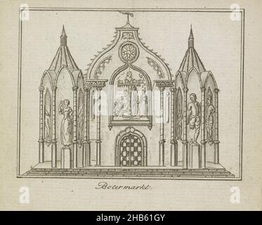 Die Zerstörung der Alten Verfassung, Dekoration auf dem Botermarkt, 1795, Botermarkt (Titel auf Objekt), die Zerstörung der Alten Verfassung, allegorische Dekoration, die auf dem Botermarkt in Amsterdam beim Alliance Festival am 19. Juni 1795 errichtet wurde. Dekoration in Form der Ruine einer gotischen Kapelle, auf dem zentralen Chassinet dreht der Envy das Rad der Aristokratie, die einen Mühlstein in Bewegung setzt. Illustration in der Batavianischen Revolution und Allianz Almanach für 1796., Druckerei: Anonym, Verlag: Hendrik Arend Banse, Druckerei: Niederlande, Verlag: Amsterdam, 1795, Papier Stockfoto